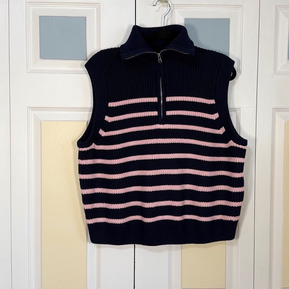 English Factory Navy Pink Striped Quarter Zip Sweater Vest SS480TX 1X NEW